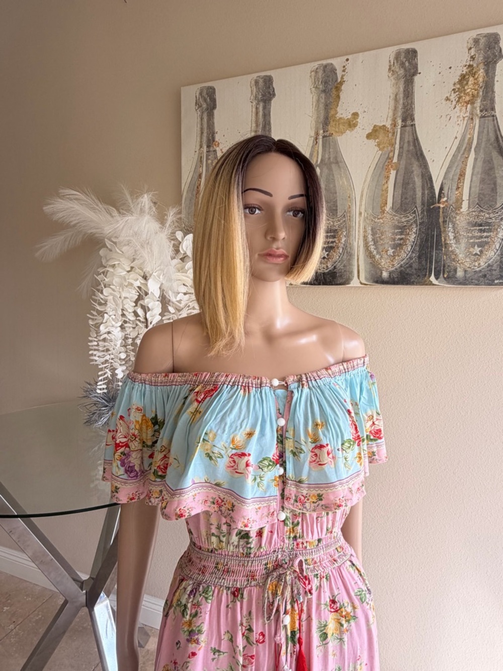 Off-Shoulder Pink Floral Maxi Dress with Blue Trim - Picture 4 of 4